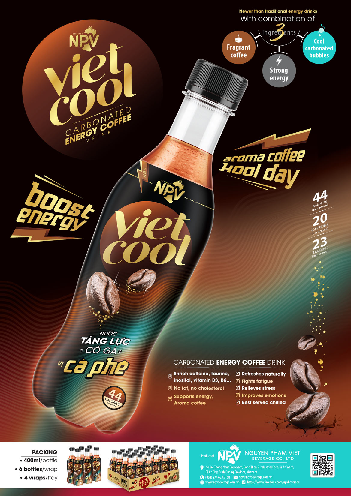 Vietcool Carbonated Energy Drink 400ml Pet Bottle