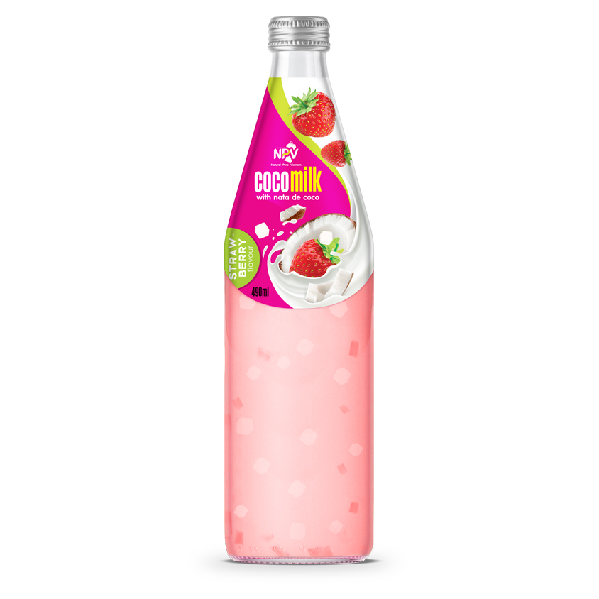 Coconut Milk With Nata De Coco And Strawberry Flavor 490ml Glass Bottle