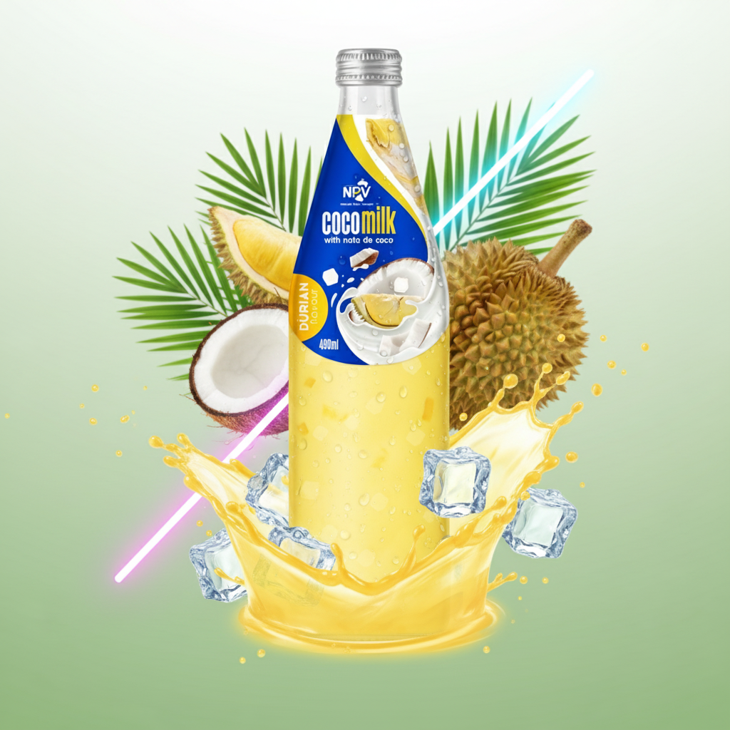 Coconut Milk With Nata De Coco And Durian Flavor 490ml Glass Bottle - NPV Premium Beverage