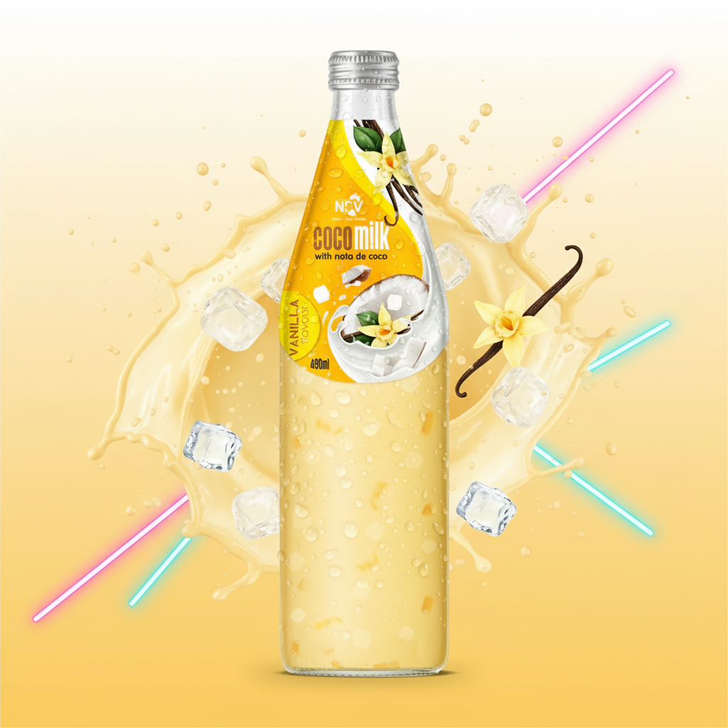 Coconut Milk With Nata De Coco And Vanilla Flavor 490ml Glass Bottle - NPV Premium Beverage