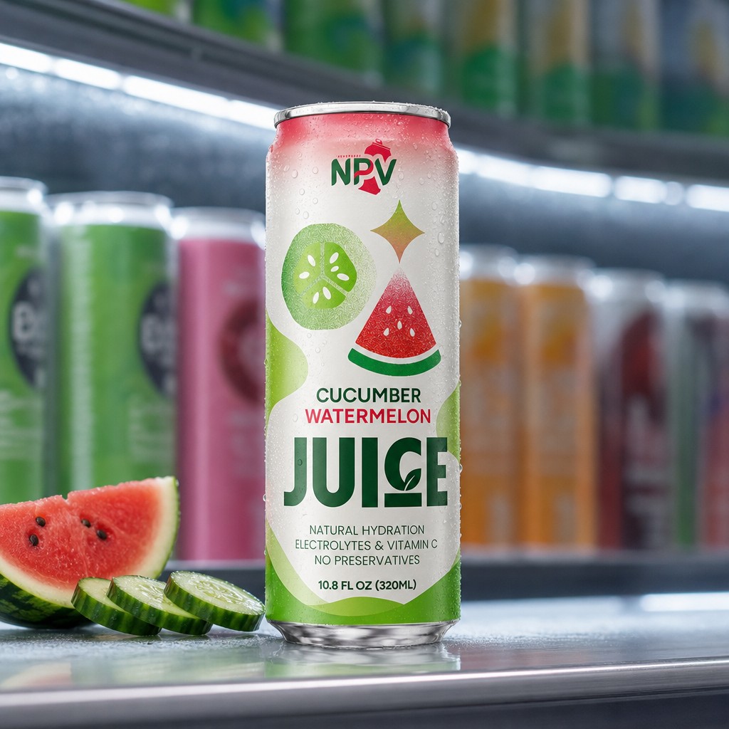 Cucumber watermelon juice slim can on a global retail shelf