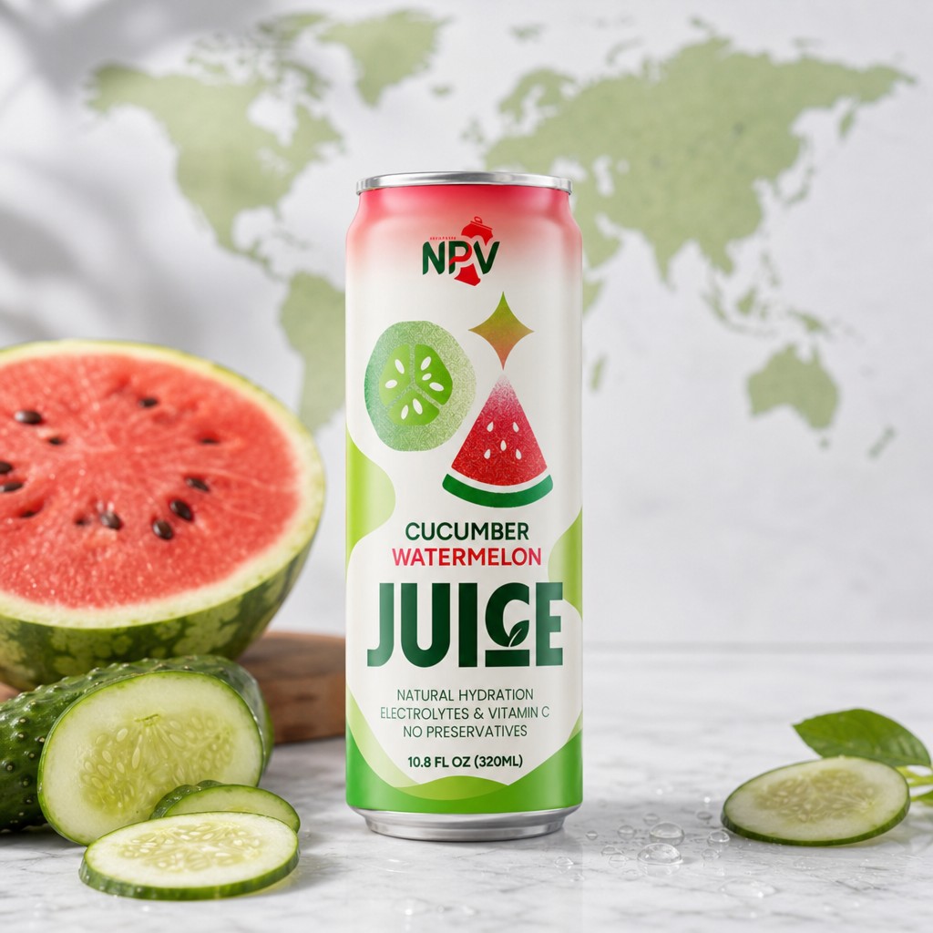 Export-ready 320ml cucumber watermelon juice can with certification coverage